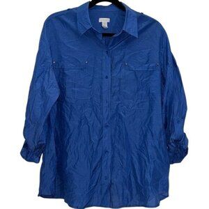 Chicos Womens Blue Button-Down Shirt Size 3 Cotton Blend Long Sleeve Roll Tab Ca